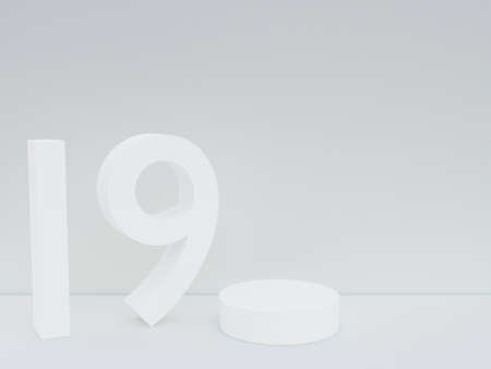 Scene with podium for mock up presentation in white color, minimalism style and number 19 with copy space, 3d render abstract background designの写真素材