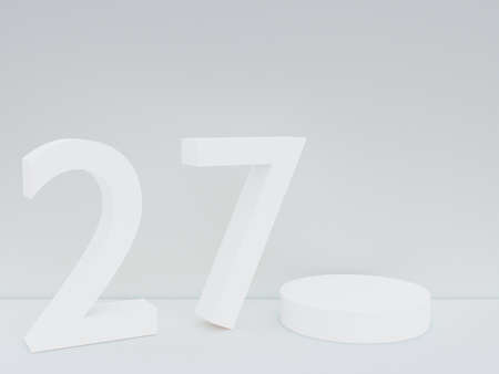 Scene with podium for mock up presentation in white color, minimalism style and number 27 with copy...