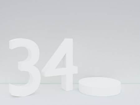 Scene with podium for mock up presentation in white color, minimalism style and number 34 with copy...