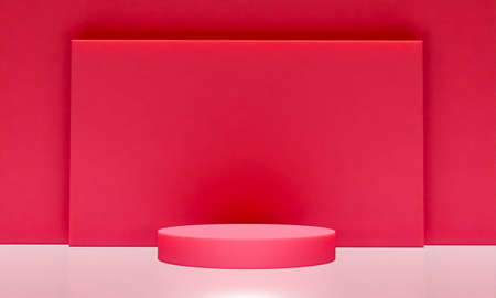 Scene with red color podium for mock up presentation in minimalism style with copy space, 3d render...