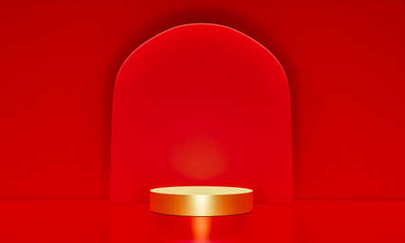 Scene with red color podium for mock up presentation in minimalism style with copy space, 3d render abstract background designの写真素材