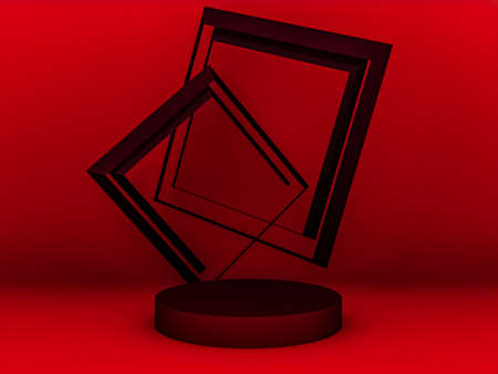 Scene with red color podium for mock up presentation in minimalism style with copy space, 3d render...