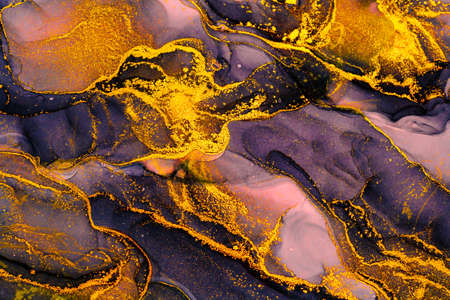 Abstract shiny color fluid background, hand drawn alcohol painting with golden streaks, liquid ink...