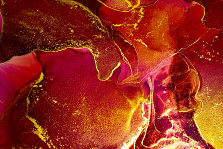 Abstract bright color fluid background, hand drawn alcohol painting with golden streaks, liquid ink technique texture for backdrop designの写真素材