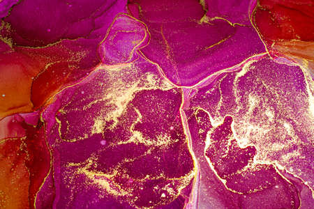 Abstract bright color fluid background, hand drawn alcohol painting with golden streaks, liquid ink technique texture for backdrop designの写真素材