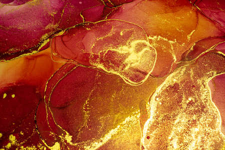 Abstract bright color fluid background, hand drawn alcohol painting with golden streaks, liquid ink technique texture for backdrop designの写真素材