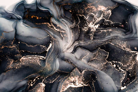 Abstract black bright shiny color fluid background, hand drawn alcohol painting with golden streaks,...