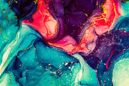 Abstract bright shiny blue color fluid background, hand drawn alcohol painting with golden streaks, liquid ink technique texture for high resolution backdrop designの写真素材