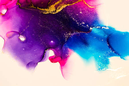 Abstract bright shiny color fluid background, hand drawn alcohol painting with golden streaks,...