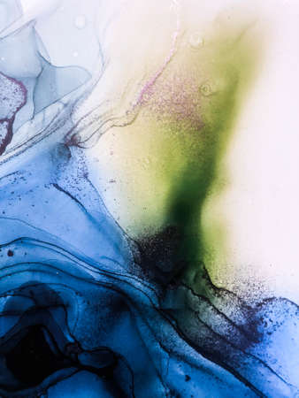 Abstract bright shiny color fluid background, hand drawn alcohol painting with golden streaks,...