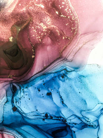 Abstract bright shiny color fluid background, hand drawn alcohol painting with golden streaks,...
