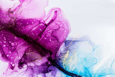 Abstract bright color fluid background, hand drawn alcohol painting with golden streaks, liquid ink...