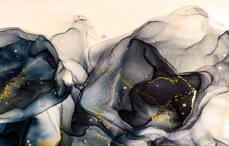 Abstract bright color fluid background, hand drawn alcohol painting with golden streaks, liquid ink...