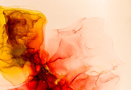 Abstract bright color fluid background, hand drawn alcohol painting with golden streaks, liquid ink technique texture for high resolution backdrop designの写真素材