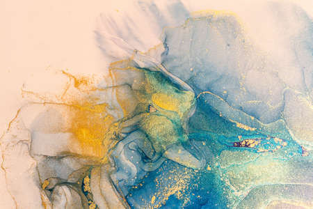 Abstract shiny color fluid background, hand drawn alcohol painting with golden streaks, liquid ink...