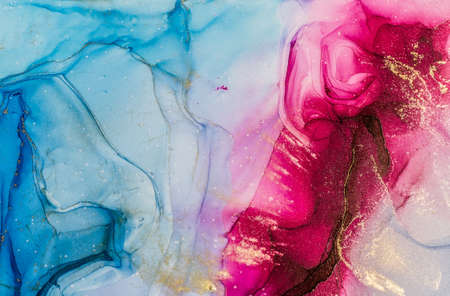 Abstract bright shiny color fluid background, hand drawn alcohol painting with golden streaks, liquid ink technique texture for high resolution backdrop designの写真素材