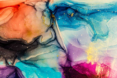 Abstract bright shiny color fluid background, hand drawn alcohol painting with golden streaks,...