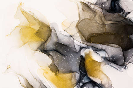 Abstract bright shiny color fluid background, hand drawn alcohol painting with golden streaks,...