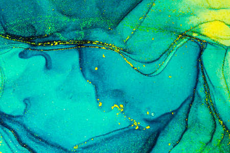 Abstract bright shiny color fluid background, hand drawn alcohol painting with golden streaks. Liquid ink technique texture for high resolution backdrop designの写真素材