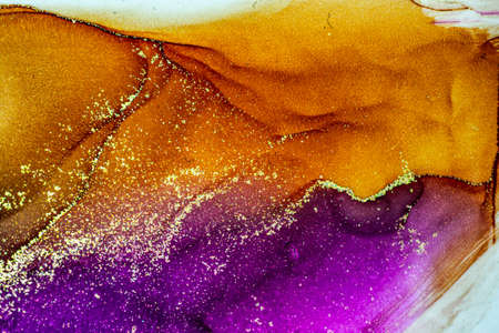 Abstract bright shiny color fluid background, hand drawn alcohol painting with golden streaks. Liquid ink technique texture for high resolution backdrop designの写真素材