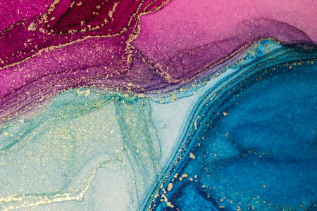 Abstract bright shiny color fluid background, hand drawn alcohol painting with golden streaks....