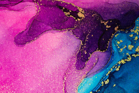 Abstract bright shiny color fluid background, hand drawn alcohol painting with golden streaks. Liquid ink technique texture for high resolution backdrop designの写真素材