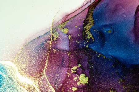 Abstract bright shiny color fluid background, hand drawn alcohol painting with golden streaks. Liquid ink technique texture for high resolution backdrop designの写真素材