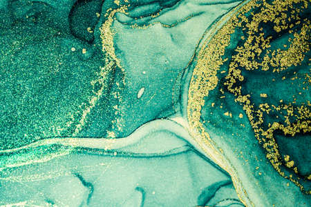 Abstract bright shiny color fluid background, hand drawn alcohol painting with golden streaks. Liquid ink technique texture for high resolution backdrop designの写真素材