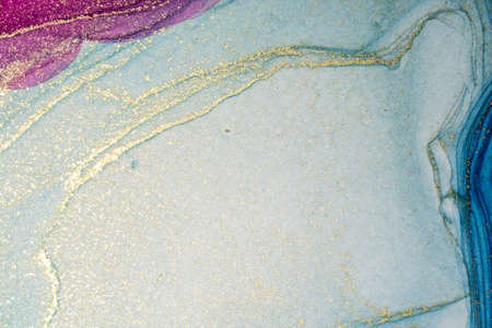 Abstract bright shiny color fluid background, hand drawn alcohol painting with golden streaks. Liquid ink technique texture for high resolution backdrop designの写真素材