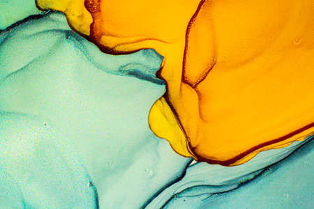 Abstract bright shiny color fluid background, hand drawn alcohol painting with golden streaks....