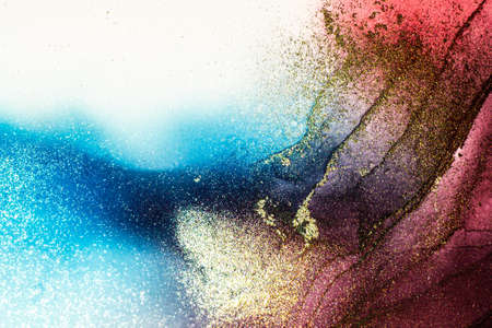Abstract bright shiny color fluid background, hand drawn alcohol painting with golden streaks....