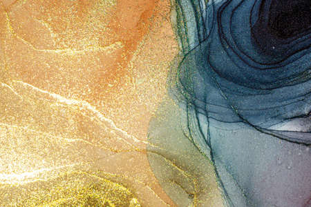 Abstract bright shiny color fluid background, hand drawn alcohol painting with golden streaks....