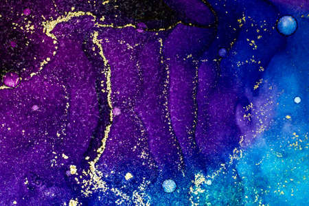 Abstract bright shiny color fluid background, hand drawn alcohol painting with golden streaks. Liquid ink technique texture for high resolution backdrop designの写真素材