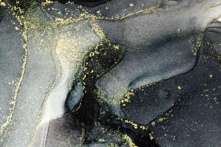 Abstract bright shiny color fluid background, hand drawn alcohol painting with golden streaks. Liquid ink technique texture for high resolution backdrop designの写真素材