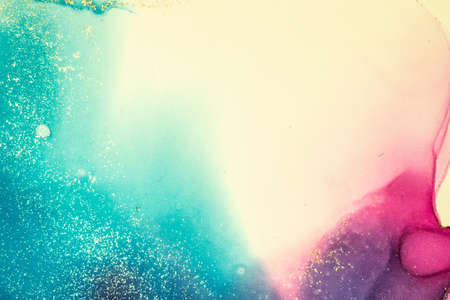 Abstract bright shiny color fluid background, hand drawn alcohol painting with golden streaks. Liquid ink technique texture for high resolution backdrop designの写真素材