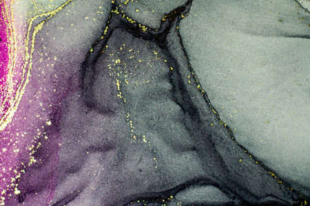 Abstract bright shiny color fluid background, hand drawn alcohol painting with golden streaks. Liquid ink technique texture for high resolution backdrop designの写真素材