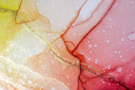 Abstract bright shiny color fluid background, hand drawn alcohol painting with golden streaks. Liquid ink technique texture for high resolution backdrop designの写真素材