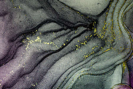 Abstract bright shiny color fluid background, hand drawn alcohol painting with golden streaks. Liquid ink technique texture for high resolution backdrop designの写真素材