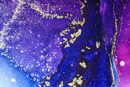 Abstract bright shiny color fluid background, hand drawn alcohol painting with golden streaks. Liquid ink technique texture for high resolution backdrop designの写真素材