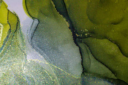 Abstract bright shiny color fluid background, hand drawn alcohol painting with golden streaks. Liquid ink technique texture for high resolution backdrop designの写真素材