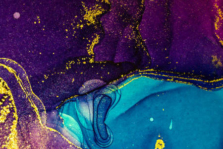 Abstract bright shiny color fluid background, hand drawn alcohol painting with golden streaks....