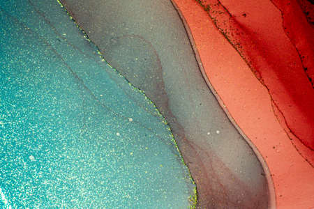 Abstract bright shiny color fluid background, hand drawn alcohol painting with golden streaks....