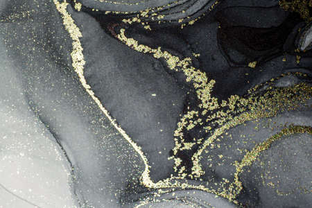 Abstract bright shiny color fluid background, hand drawn alcohol painting with golden streaks. Liquid ink technique texture for high resolution backdrop designの写真素材