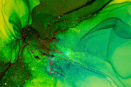 Abstract bright shiny color fluid background, hand drawn alcohol painting with golden streaks. Liquid ink technique texture for high resolution backdrop designの写真素材