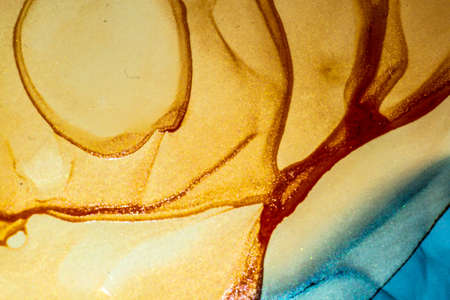 Abstract bright shiny color fluid background, hand drawn alcohol painting with golden streaks....