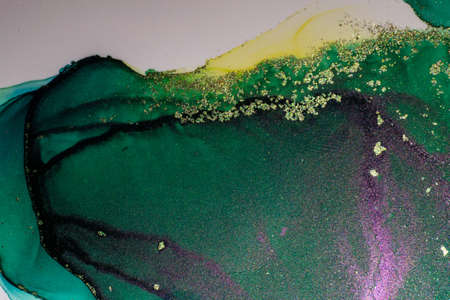 Abstract bright shiny color fluid background, hand drawn alcohol painting with golden streaks,...