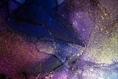 Abstract bright shiny color fluid background, hand drawn alcohol painting with golden streaks,...
