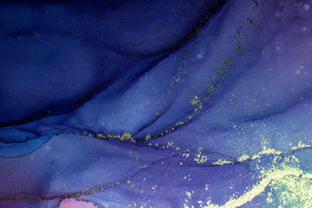 Abstract bright shiny color fluid background, hand drawn alcohol painting with golden streaks,...