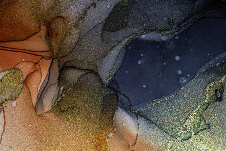 Abstract bright shiny color fluid background, hand drawn alcohol painting with golden streaks,...
