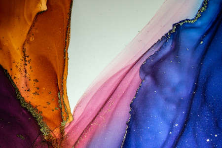 Abstract bright shiny color fluid background, hand drawn alcohol painting with golden streaks,...